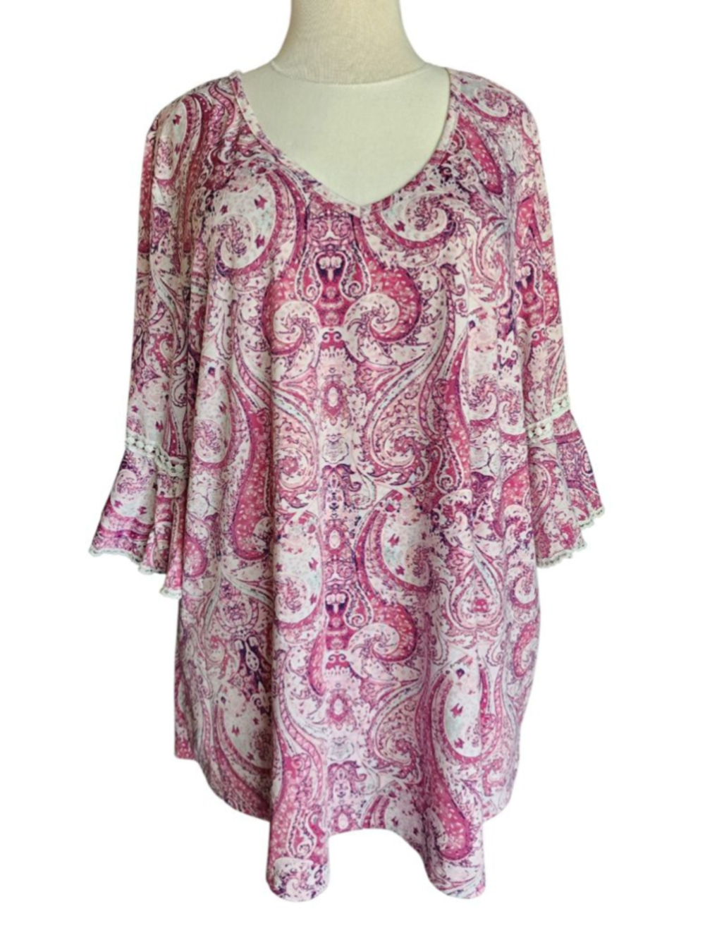 Stem & Vine 3X Pink Paisley Boho Blouse 3/4 Bell Sleeves Lace Trim Plus Size